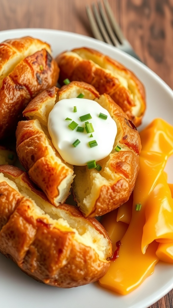 Crispy jacket potatoes with sour cream and chives on a rustic wooden table.